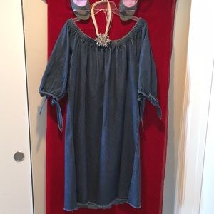 Denim off the shoulder dress with bow tie sleeves